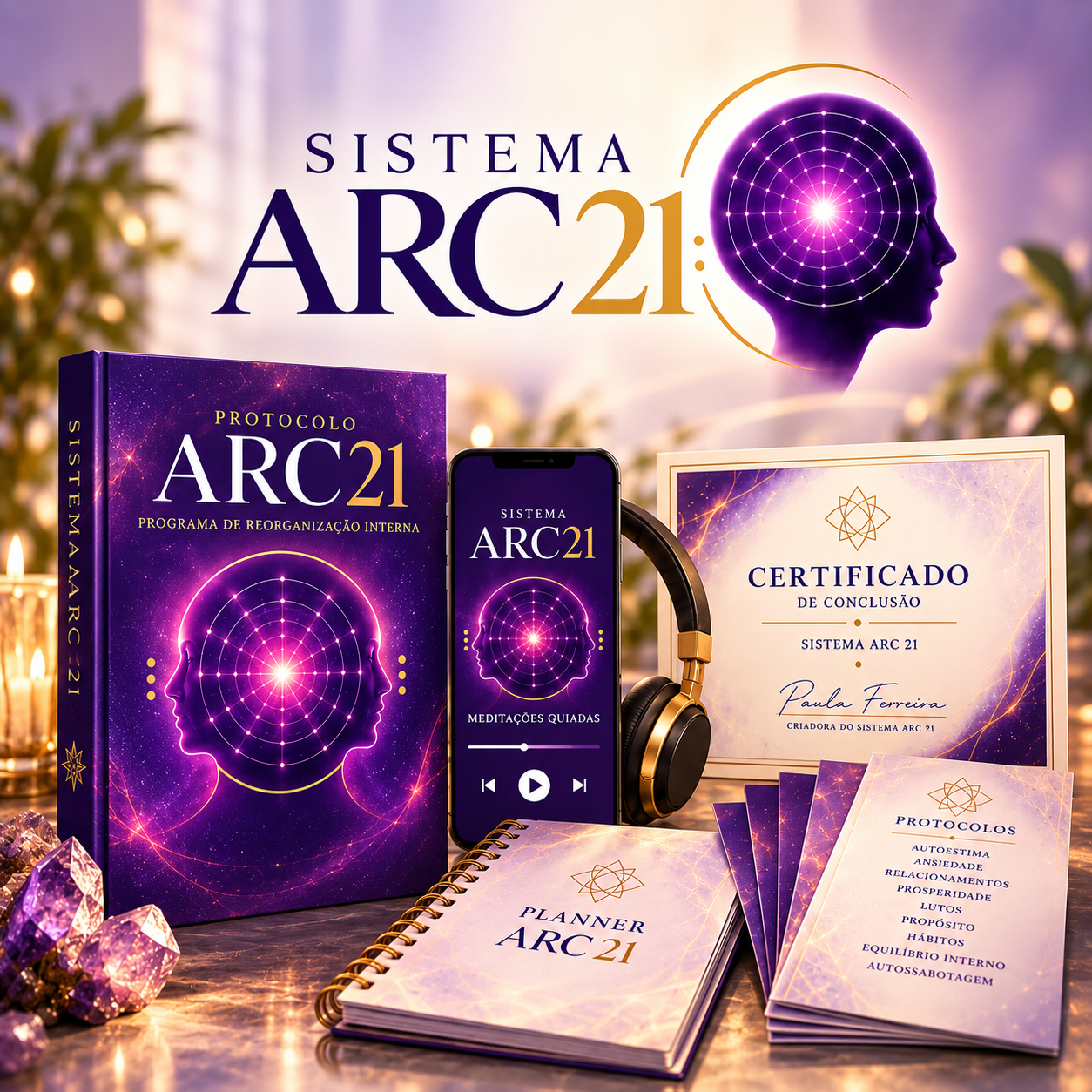 Materiais do Sistema ARC 21, com planner, meditações e certificado.
