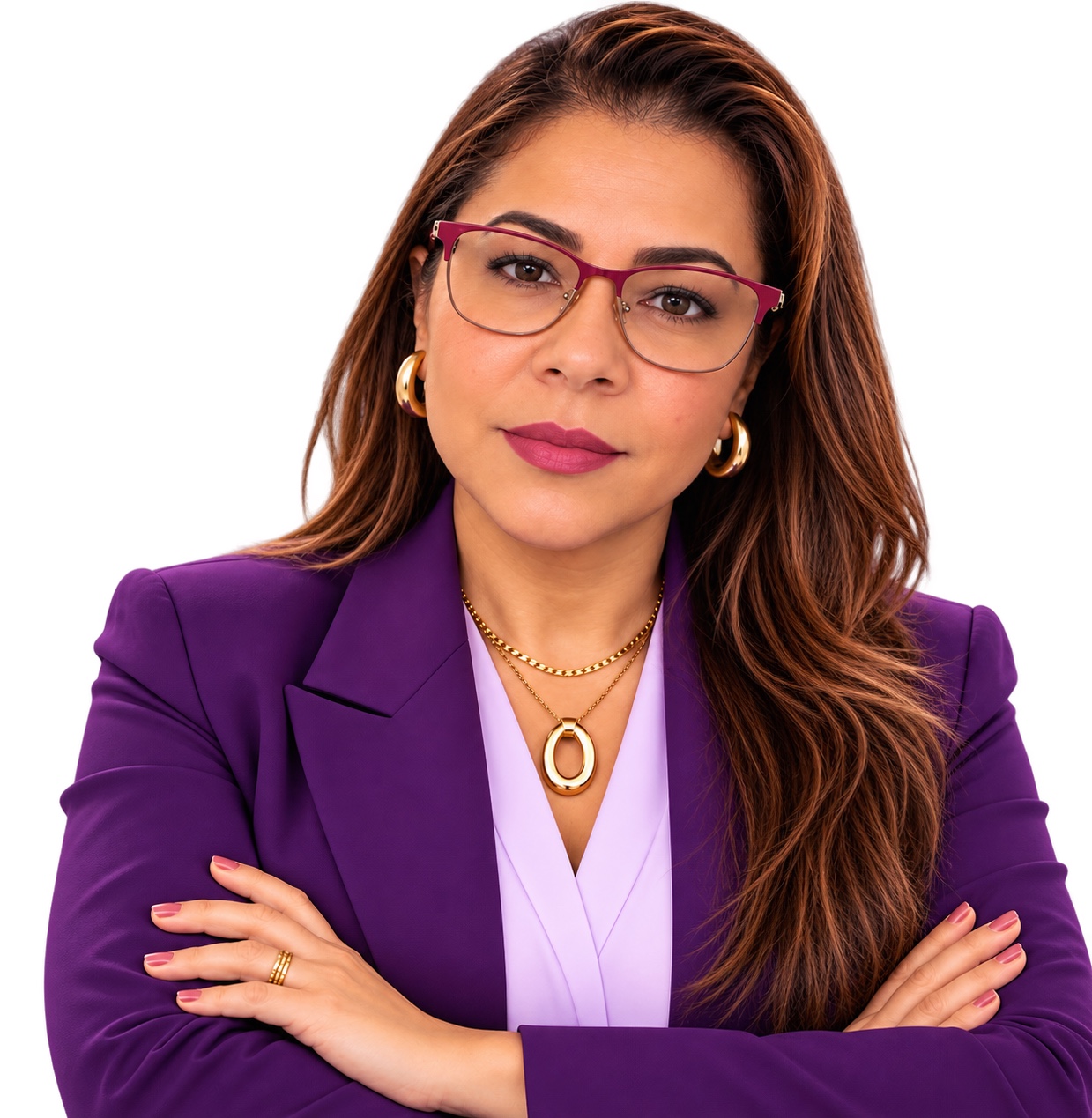 Paula Ferreira de óculos, terno roxo e braços cruzados.