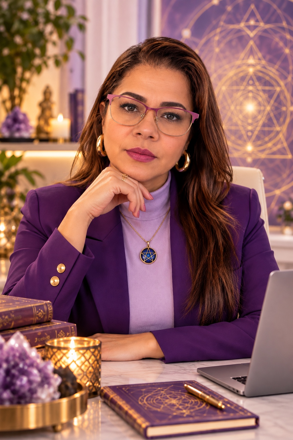 Paula Ferreira de óculos e terno roxo, sentada à mesa, com a mão apoiada no queixo.